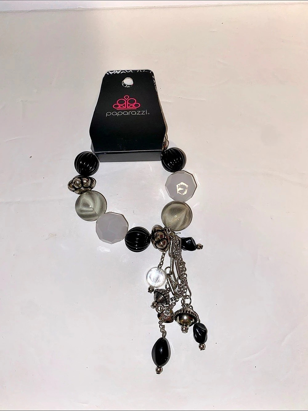Paparazzi Lights! Camera! Action! Beaded Charm Bracelet Black & Gray -O11